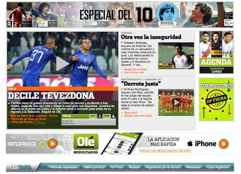 Tutti pazzi in Argentina per Carlitos Tevez e il suo gol del 4-0 in Juventus-Parma: per il sito di 